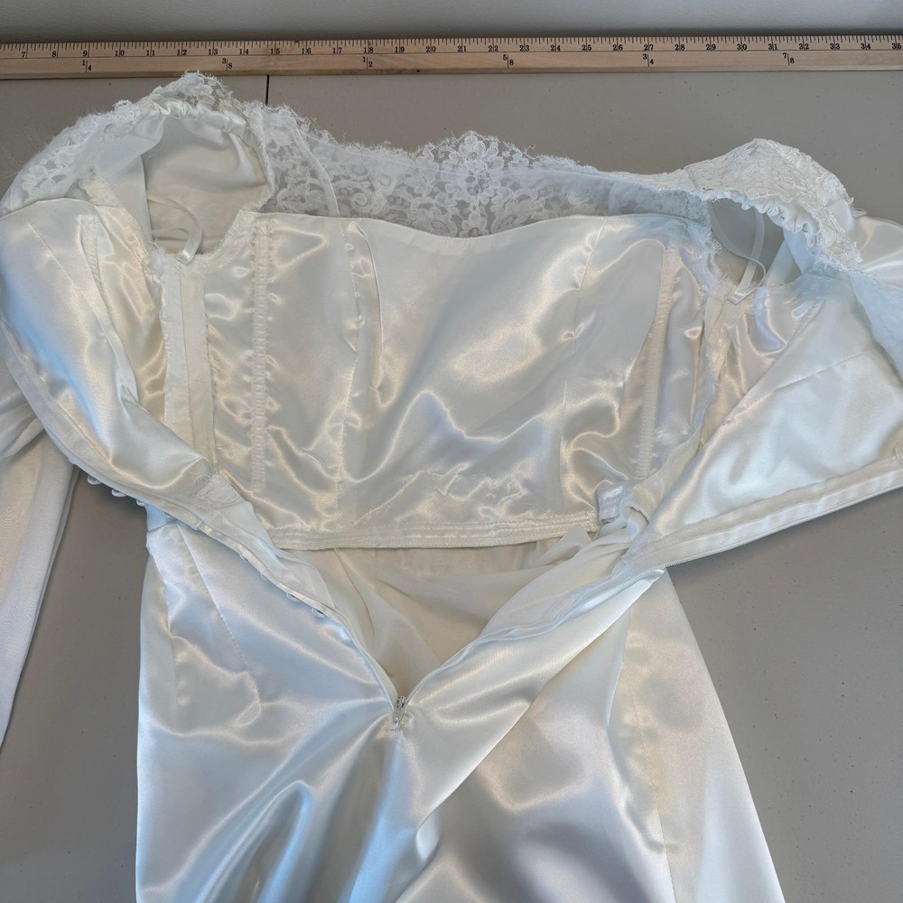 Vintage 90s Satin Lace Wedding Dress S Off Shoulder Long Sleeve Minimalist - Picture 10 of 15